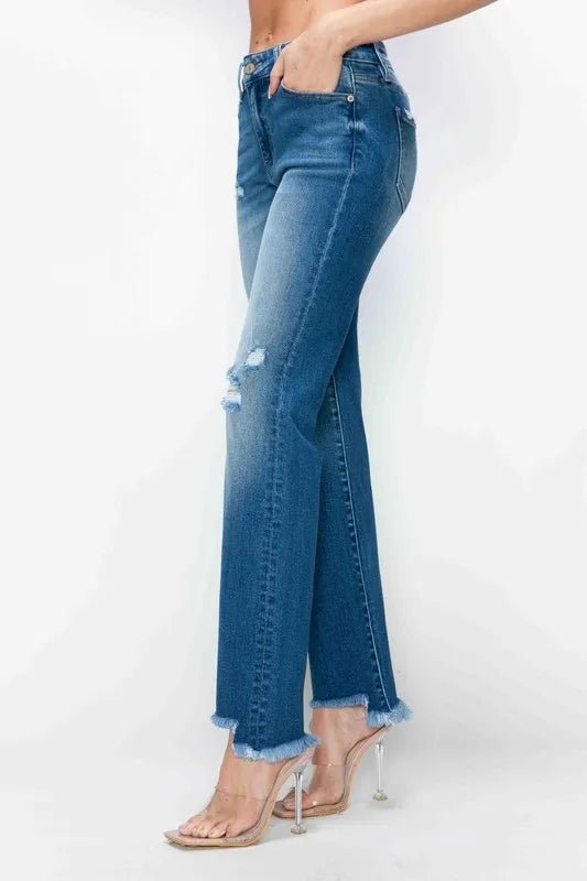 bytos Full Size Raw Hem Distressed Mid Rise Straight Jeans - PBNJ FASHIONS