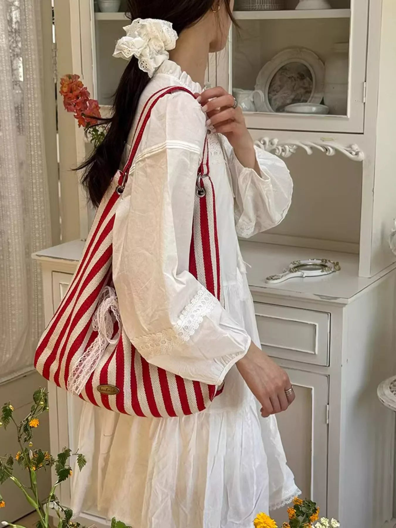 Canvas Tote Bag - Chic Striped Design - Deep RedOne SizeFashionable Purses