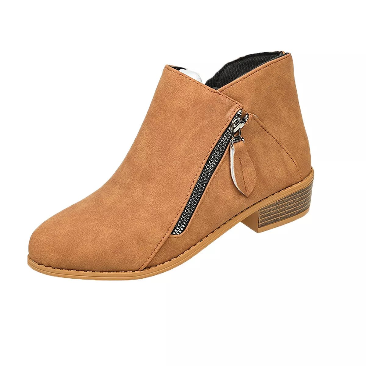 Chic Zip-Up Ankle Boots: Comfortable and Stylish with Block Heels for Effortless Fashion Statements - Brown-36