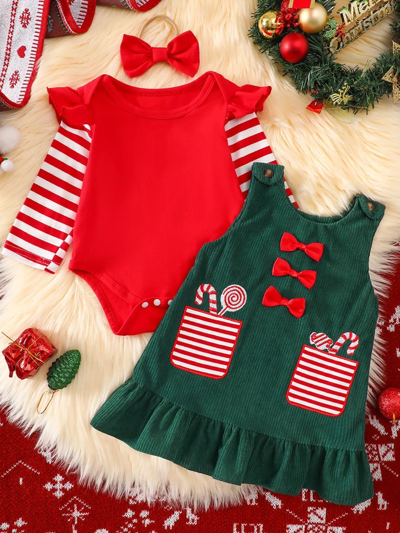 Children's Christmas Striped Bodysuit and Dress Set with Headband - PBNJ FASHIONS