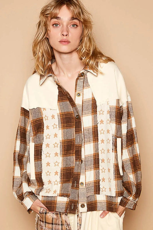 POL Plaid & Star Patchwork Contrast Long Sleeve Shacket - PBNJ FASHIONS
