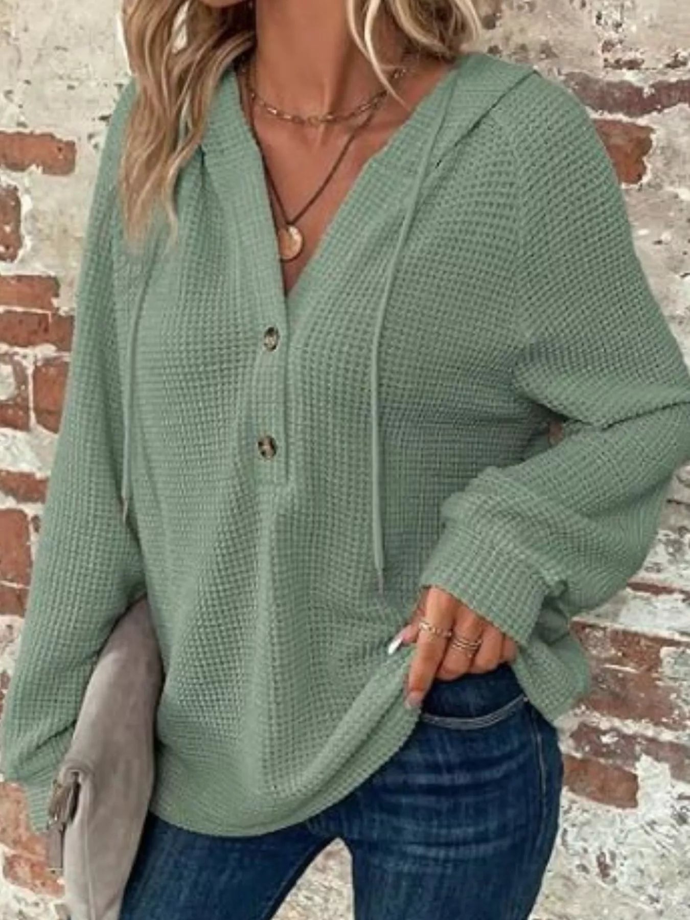 Waffle Knit Button Detail Hoodie - PBNJ FASHIONS