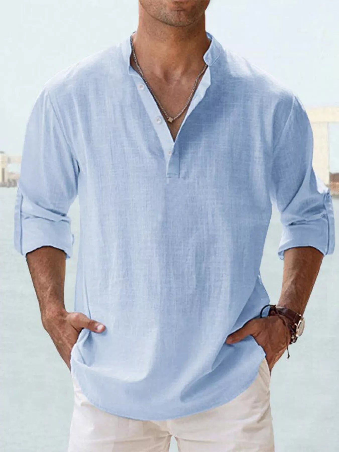 Men's Full Size Casual Button Detail Roll - Up Sleeve Blouse Plus Size - PBNJ FASHIONS
