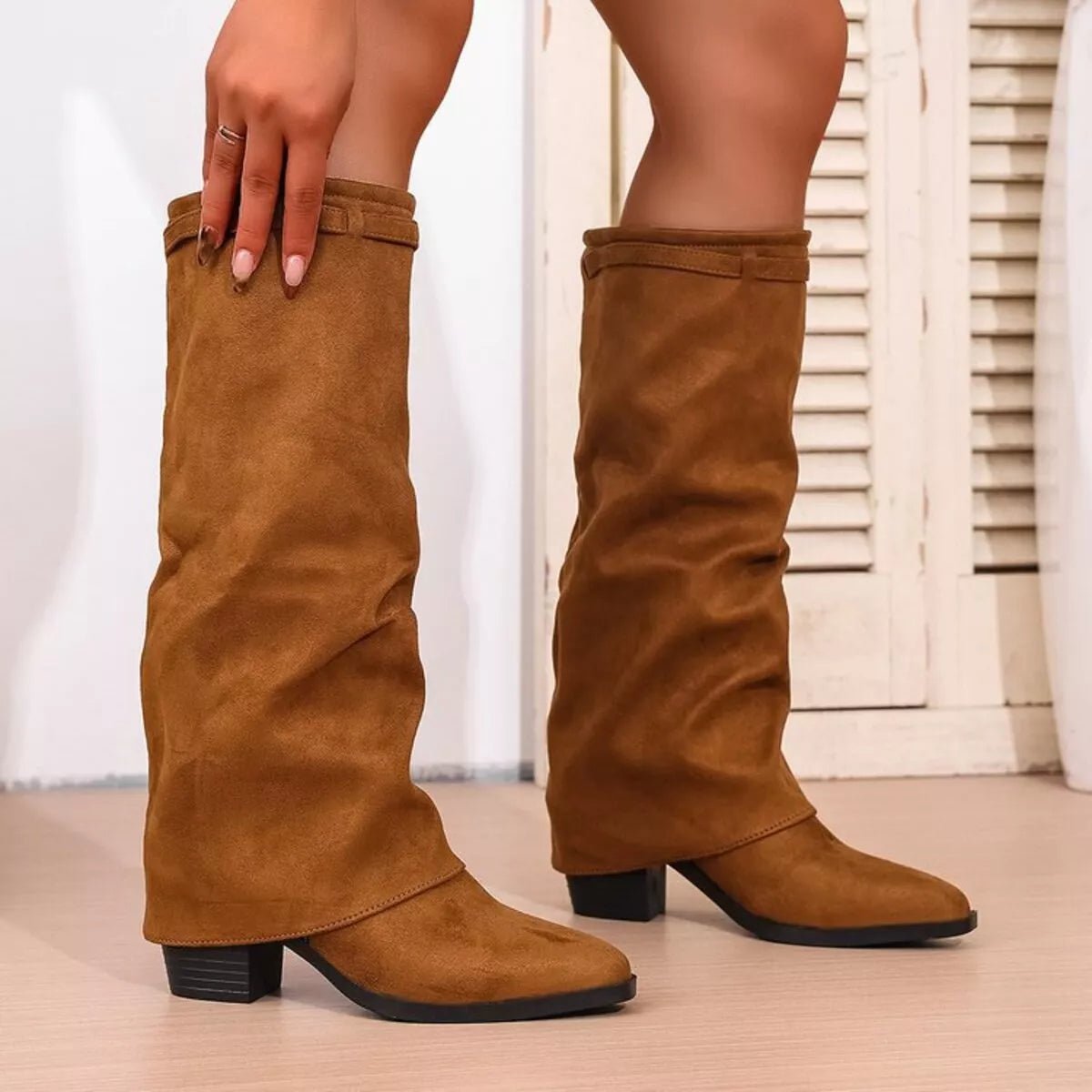Point Toe Suede Block Heel Boots - Mid Heels, Rubber Sole - Size Conversion Included - PBNJ FASHIONSBrown