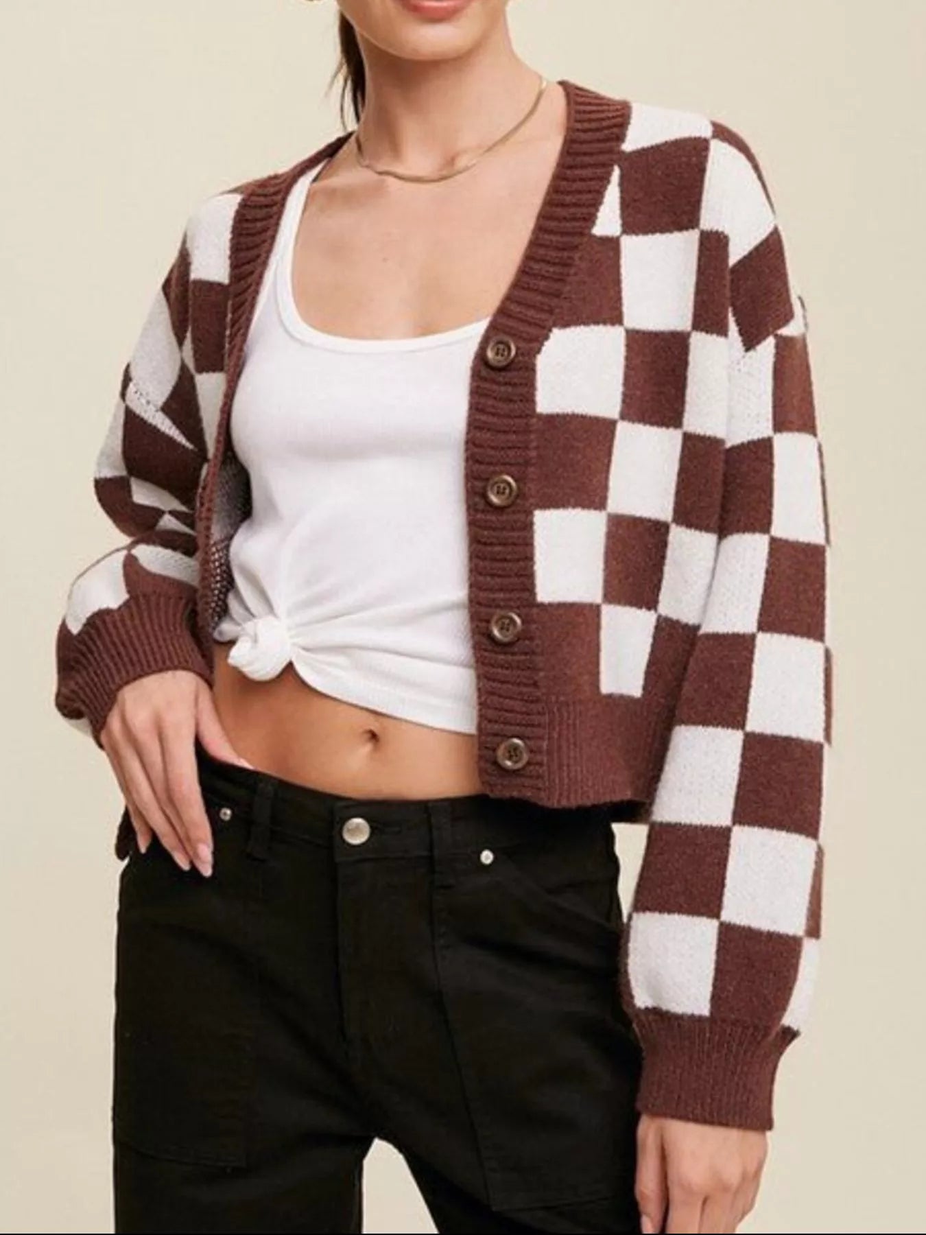 Checkerboard Pattern Button - Down Cardigan - PBNJ FASHIONS
