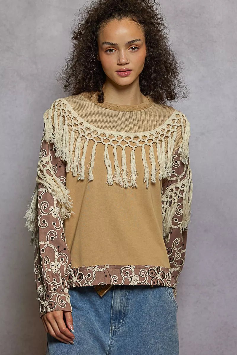 POL Contrast Floral Embroidery Balloon Sleeve Top with Tassel Trim - PBNJ FASHIONS