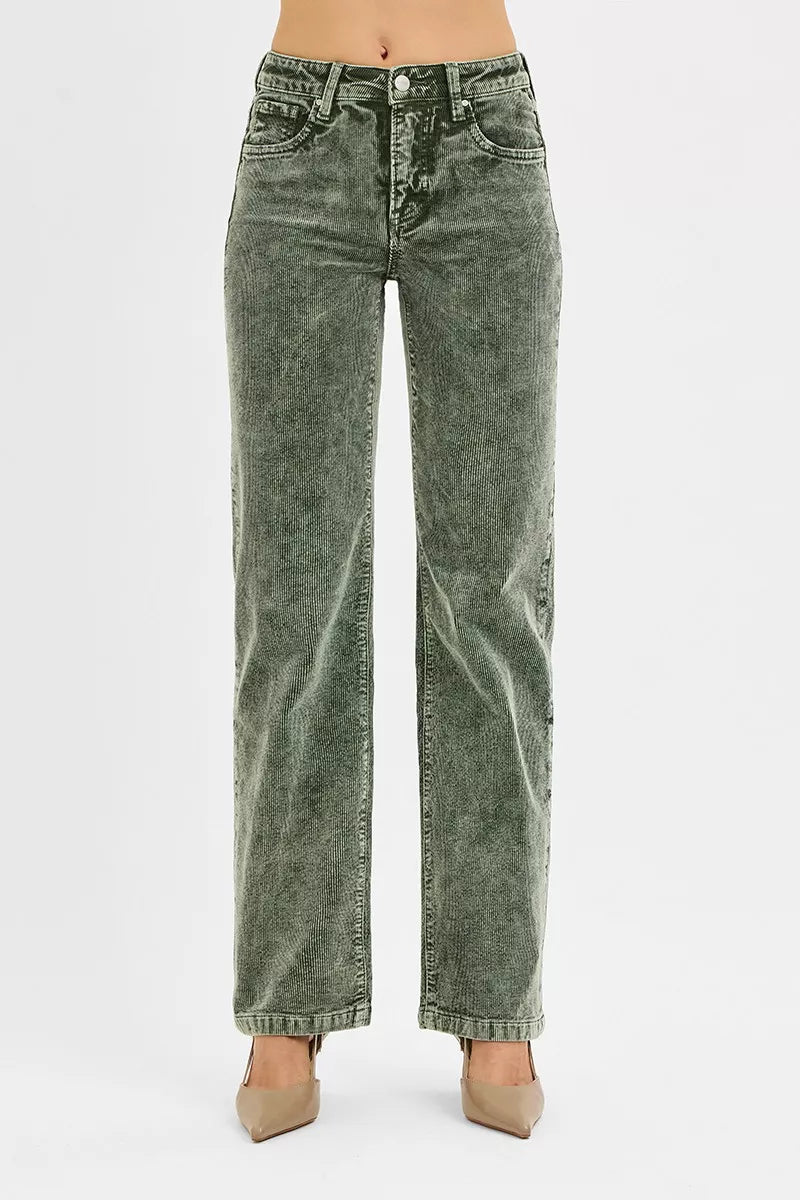 RISEN Tummy Control Mid Rise Straight Leg Corduroy Pants - PBNJ FASHIONS