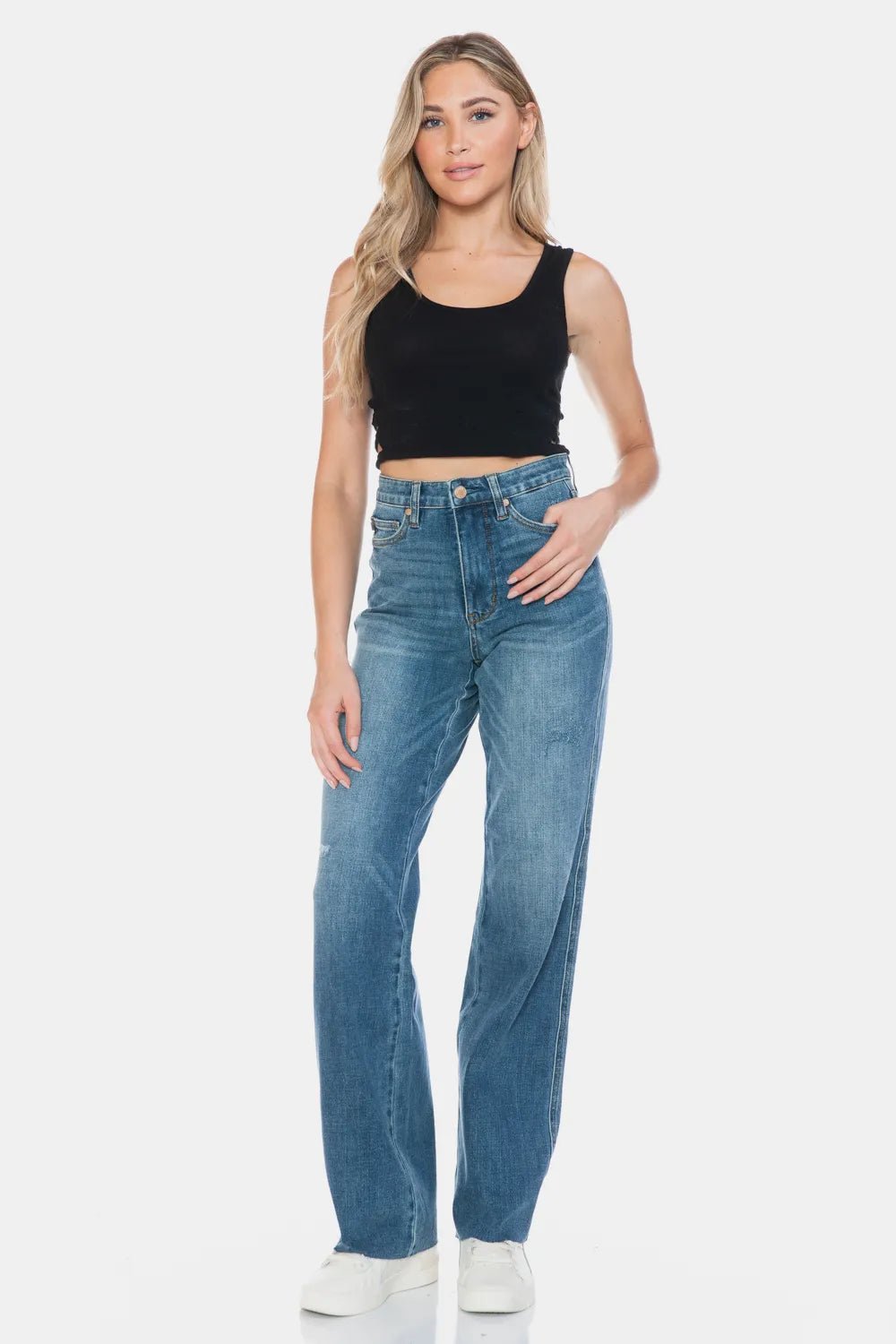 Judy Blue Full Size Tummy Control Cut Raw Hem Straight Jeans - PBNJ FASHIONS