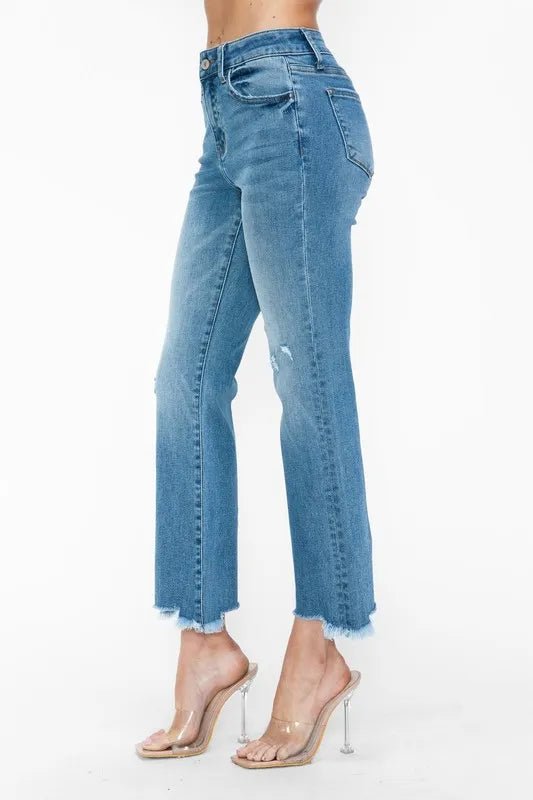 bytos Raw Hem Distressed Mid Rise Crop Jeans - PBNJ FASHIONS