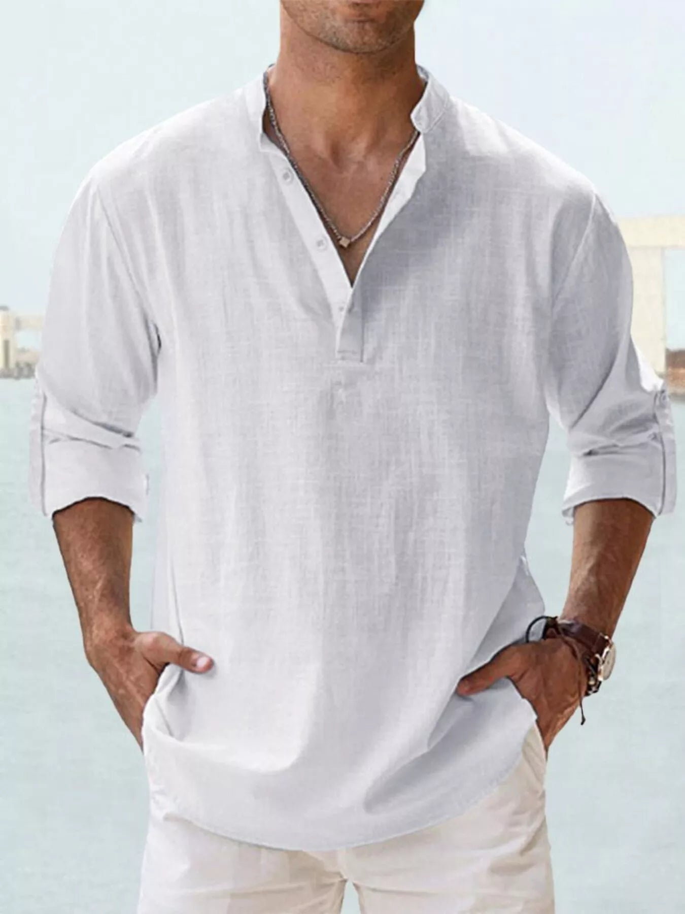Men's Full Size Casual Button Detail Roll - Up Sleeve Blouse Plus Size - PBNJ FASHIONS