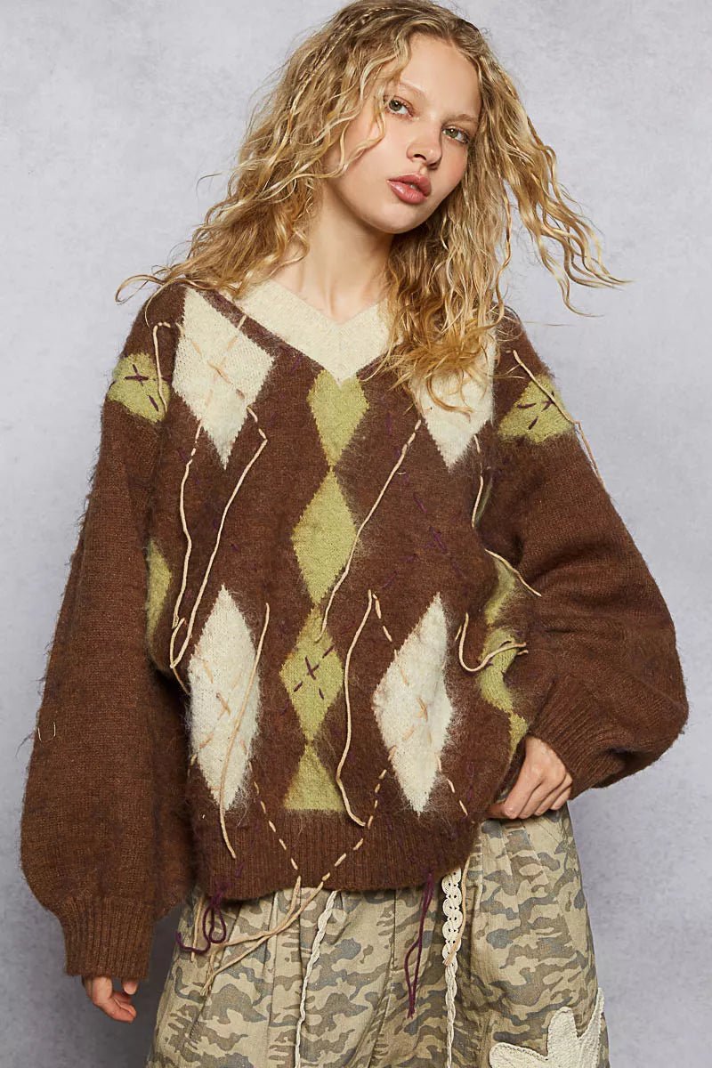 POL V - Neck Argyle Pattern Mohair Sweater with Contrast Exposed Stitch Detail - PBNJ FASHIONS