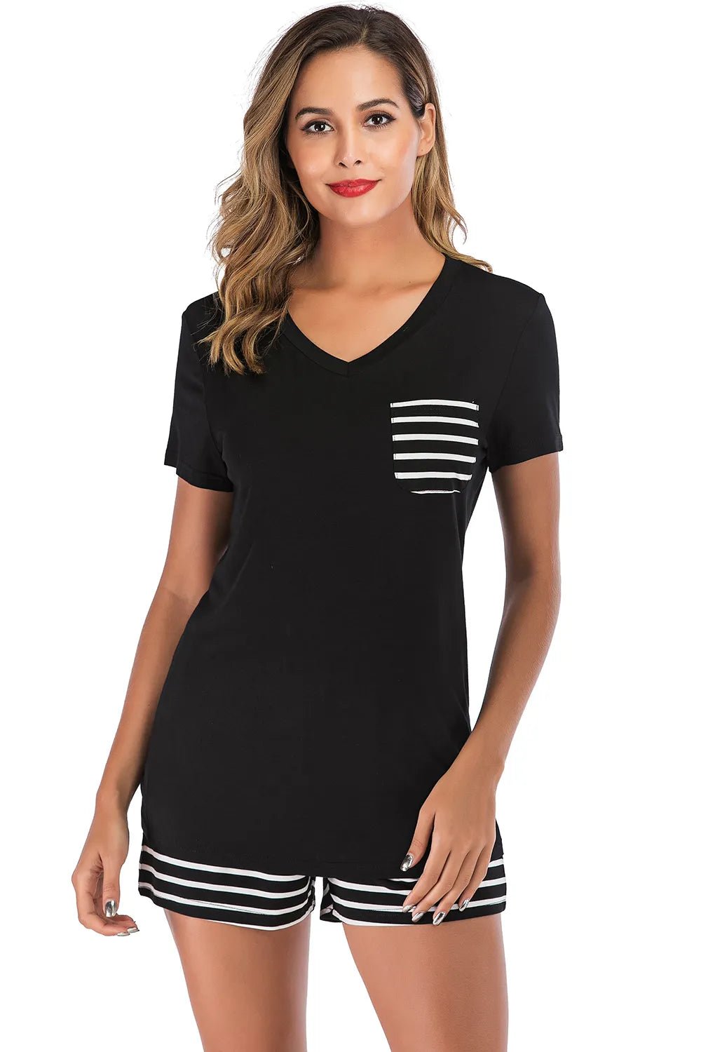Striped Short Sleeve Top and Shorts Lounge Set - PBNJ FASHIONS