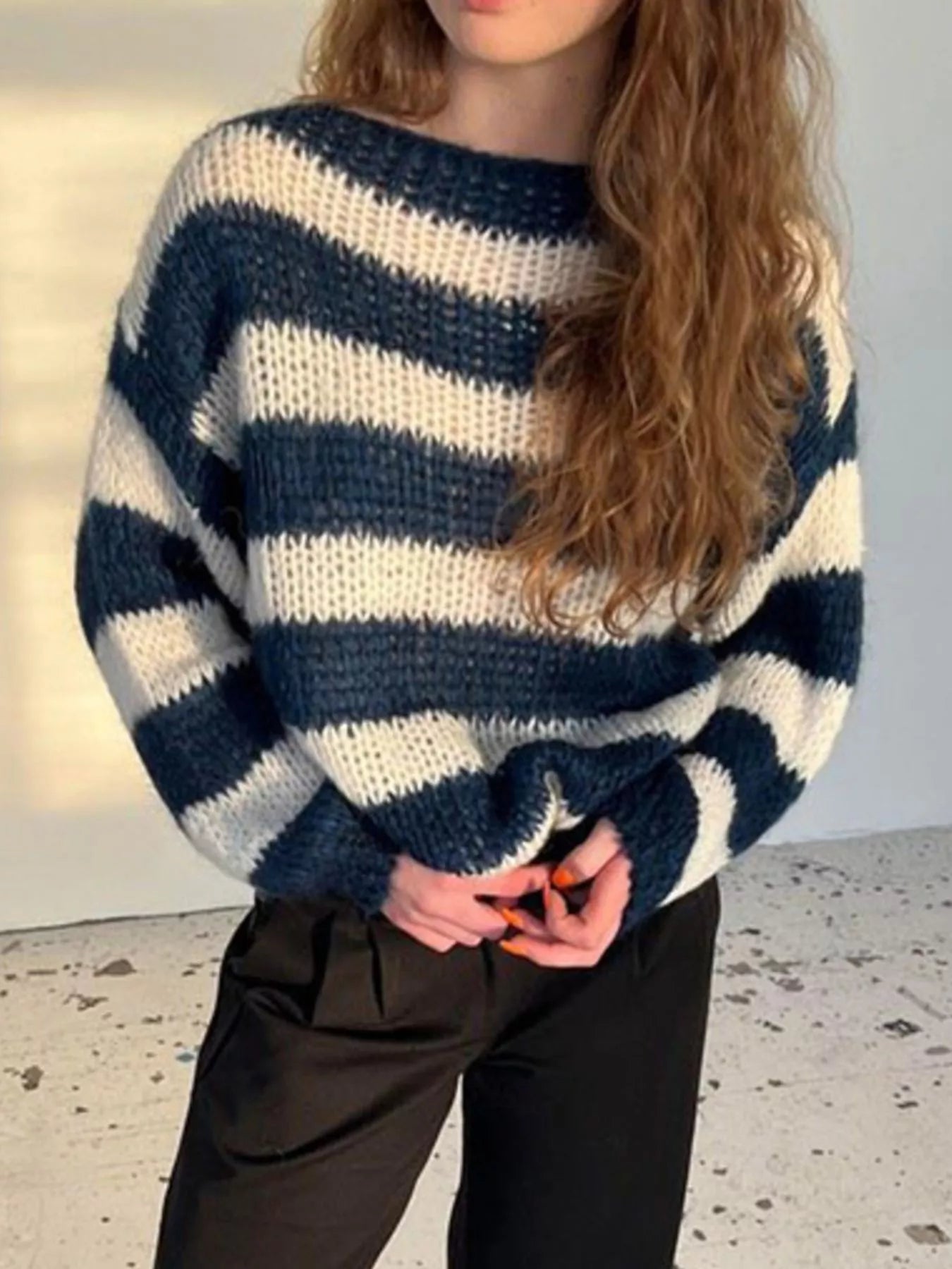 Striped Knit Long Sleeve Sweater - PBNJ FASHIONS