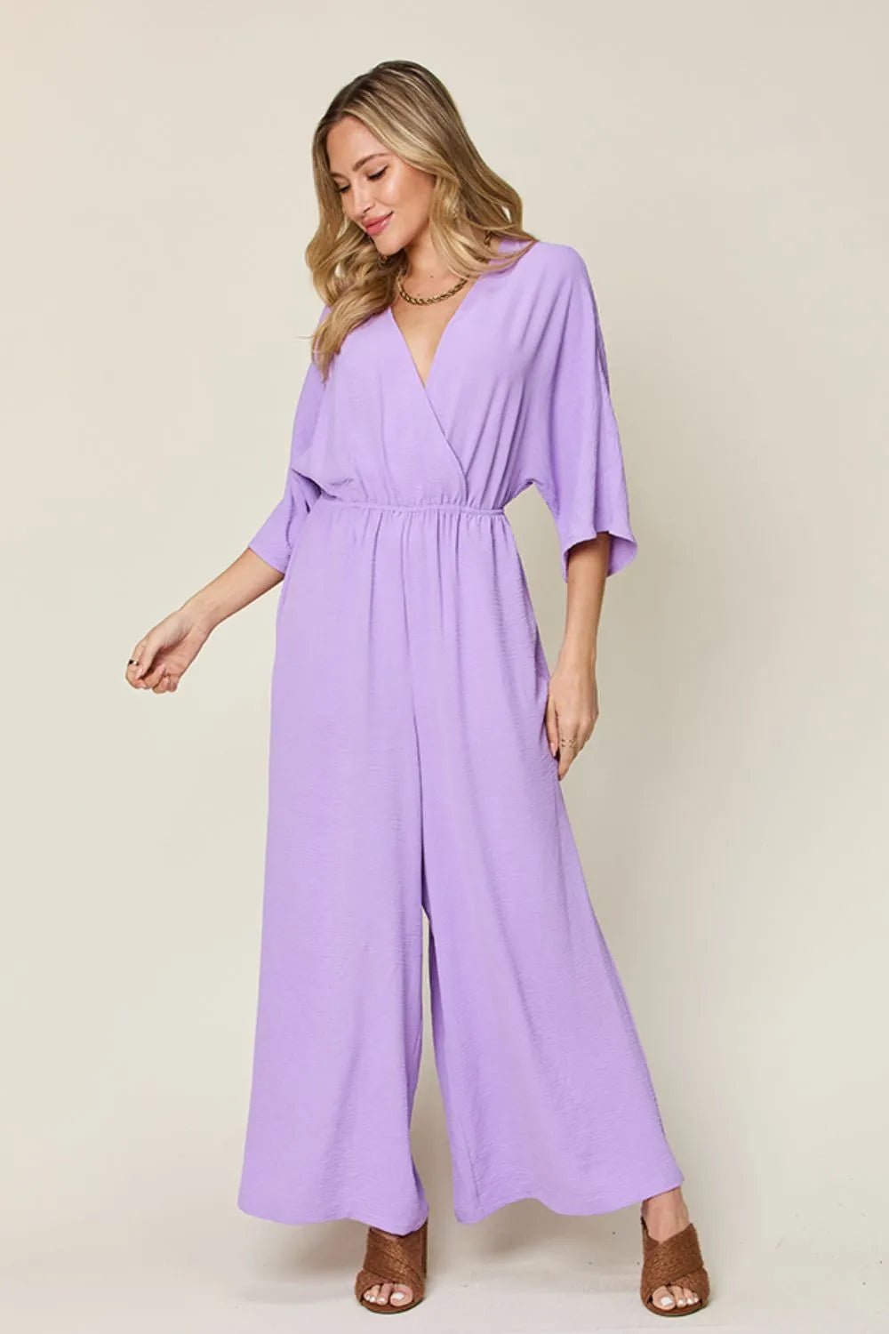 Double Take Full Size Surplice Wide Leg Jumpsuit with Pockets - PBNJ FASHIONS