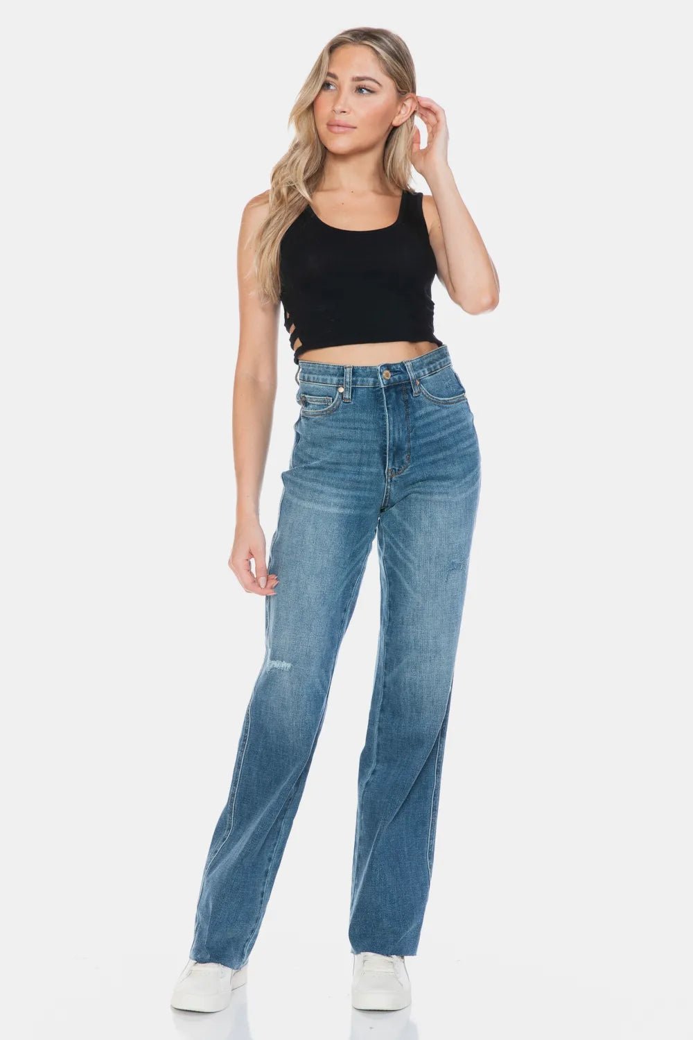 Judy Blue Full Size Tummy Control Cut Raw Hem Straight Jeans - PBNJ FASHIONS