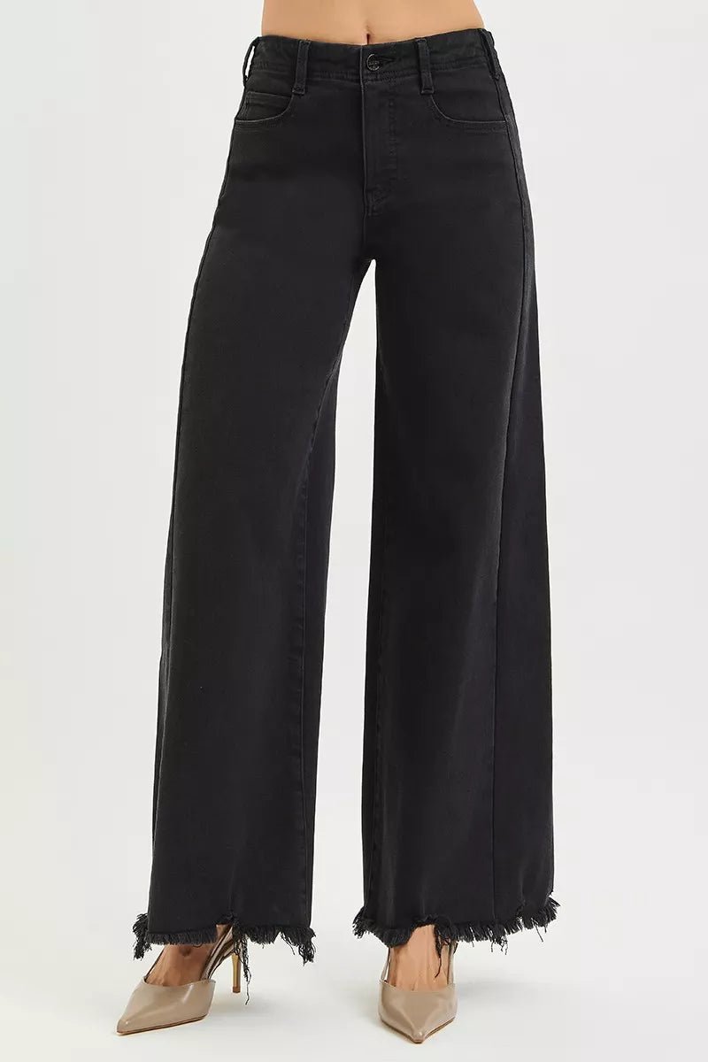 RISEN Tummy Control High Rise Palazzo Leg Frayed Hem Jeans - PBNJ FASHIONS