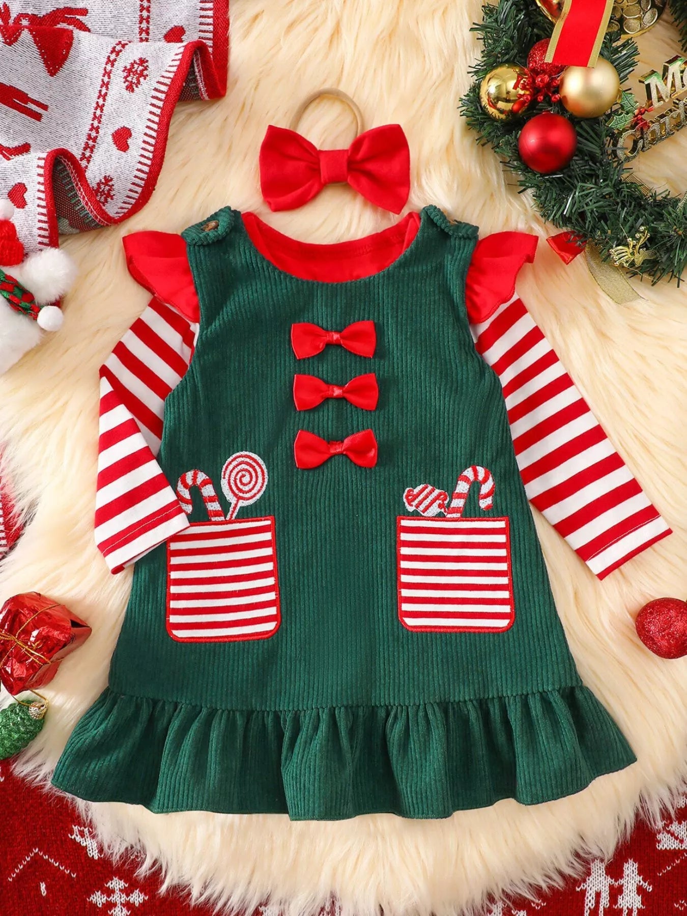 Children's Christmas Striped Bodysuit and Dress Set with Headband - PBNJ FASHIONS