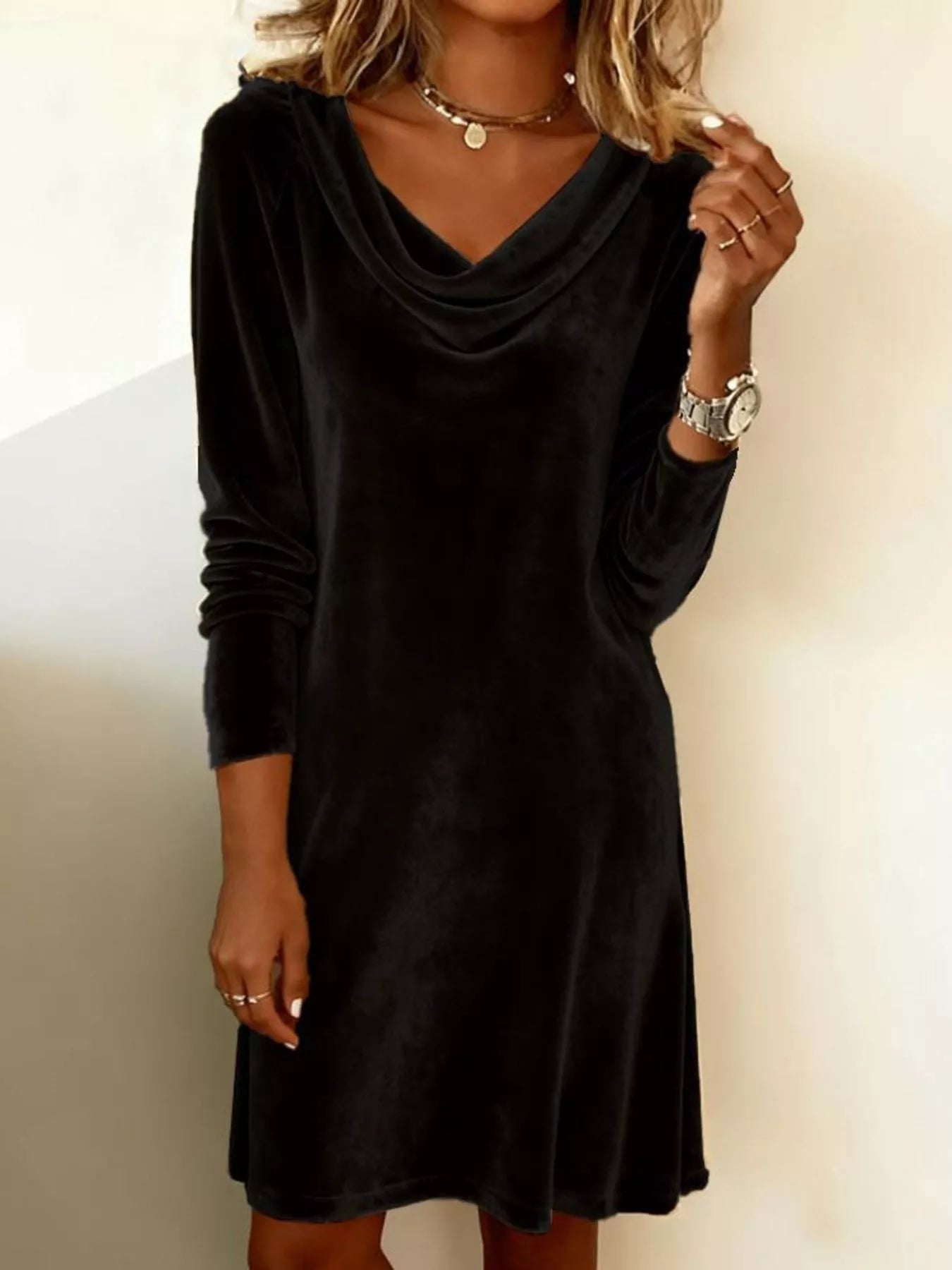 Velvet Cowl Neck Long Sleeve Mini Dress - PBNJ FASHIONS
