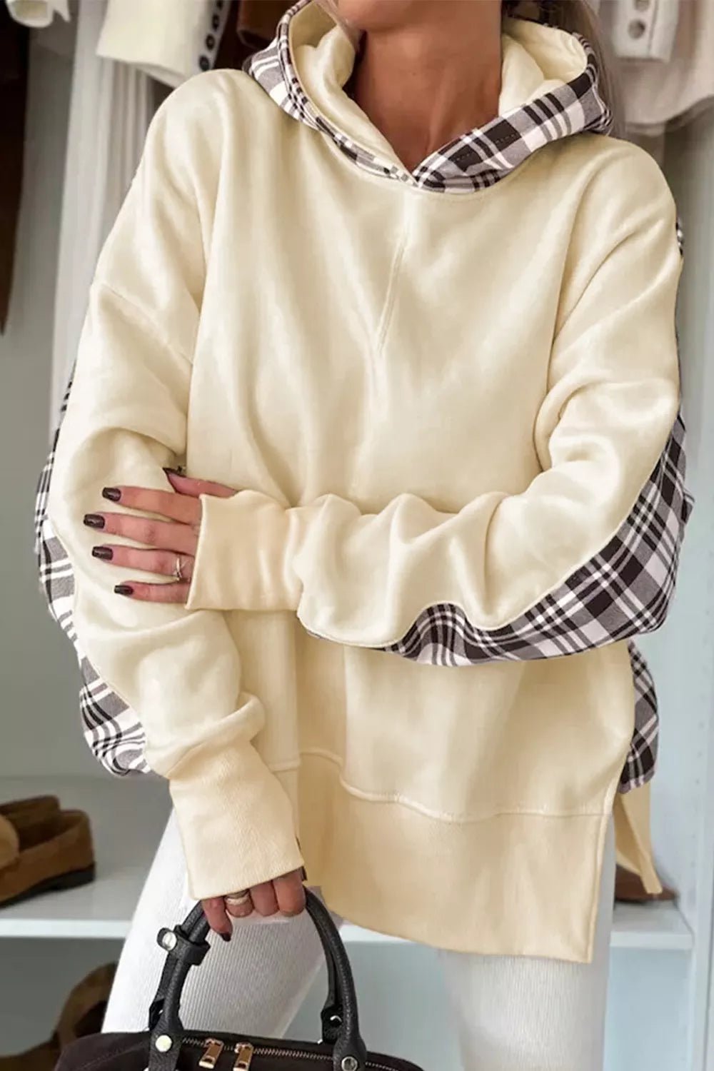 Plaid Side Slit Long Sleeve Hoodie - PBNJ FASHIONS