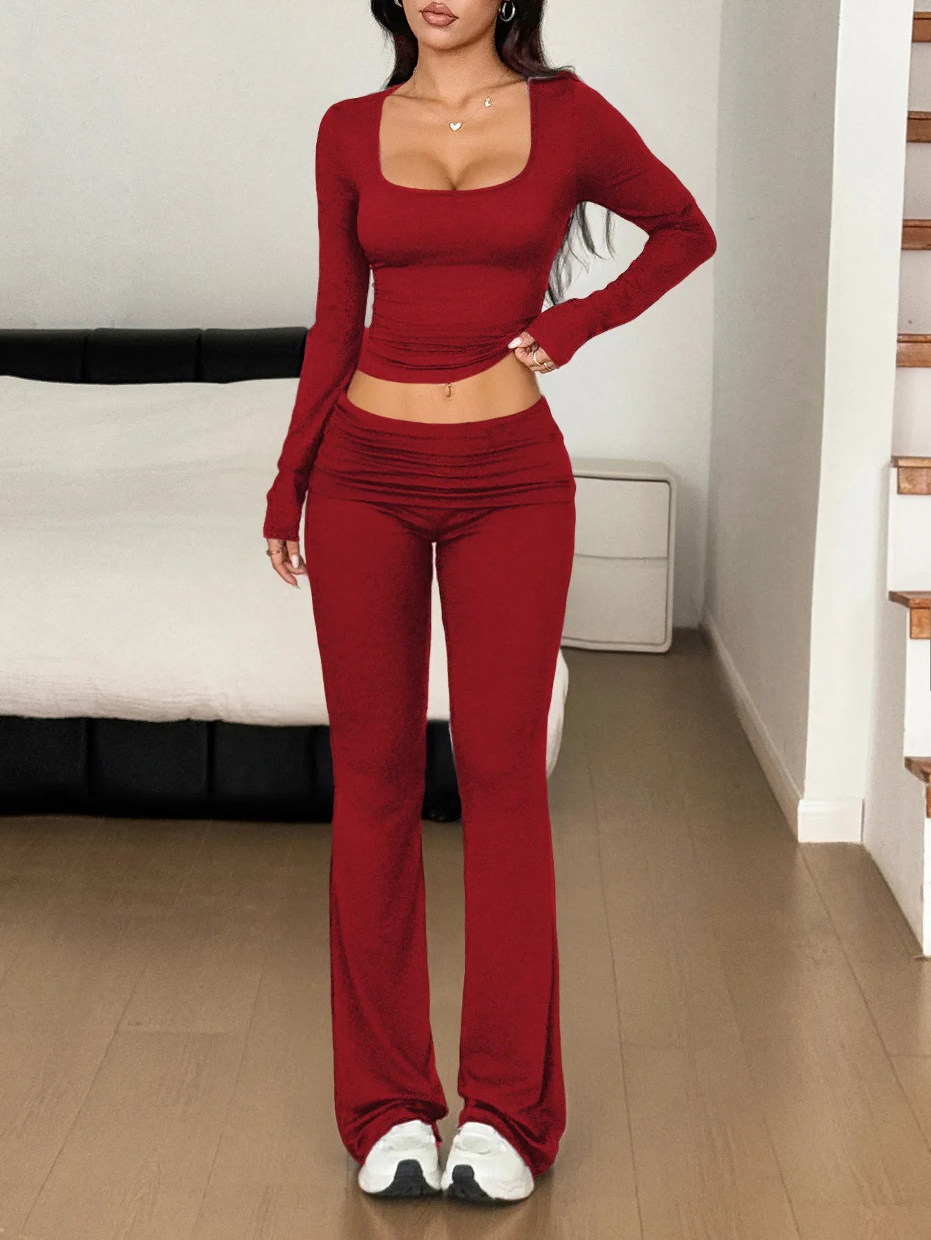 Long Sleeve Crop Top and Bootcut Pants Set - PBNJ FASHIONS