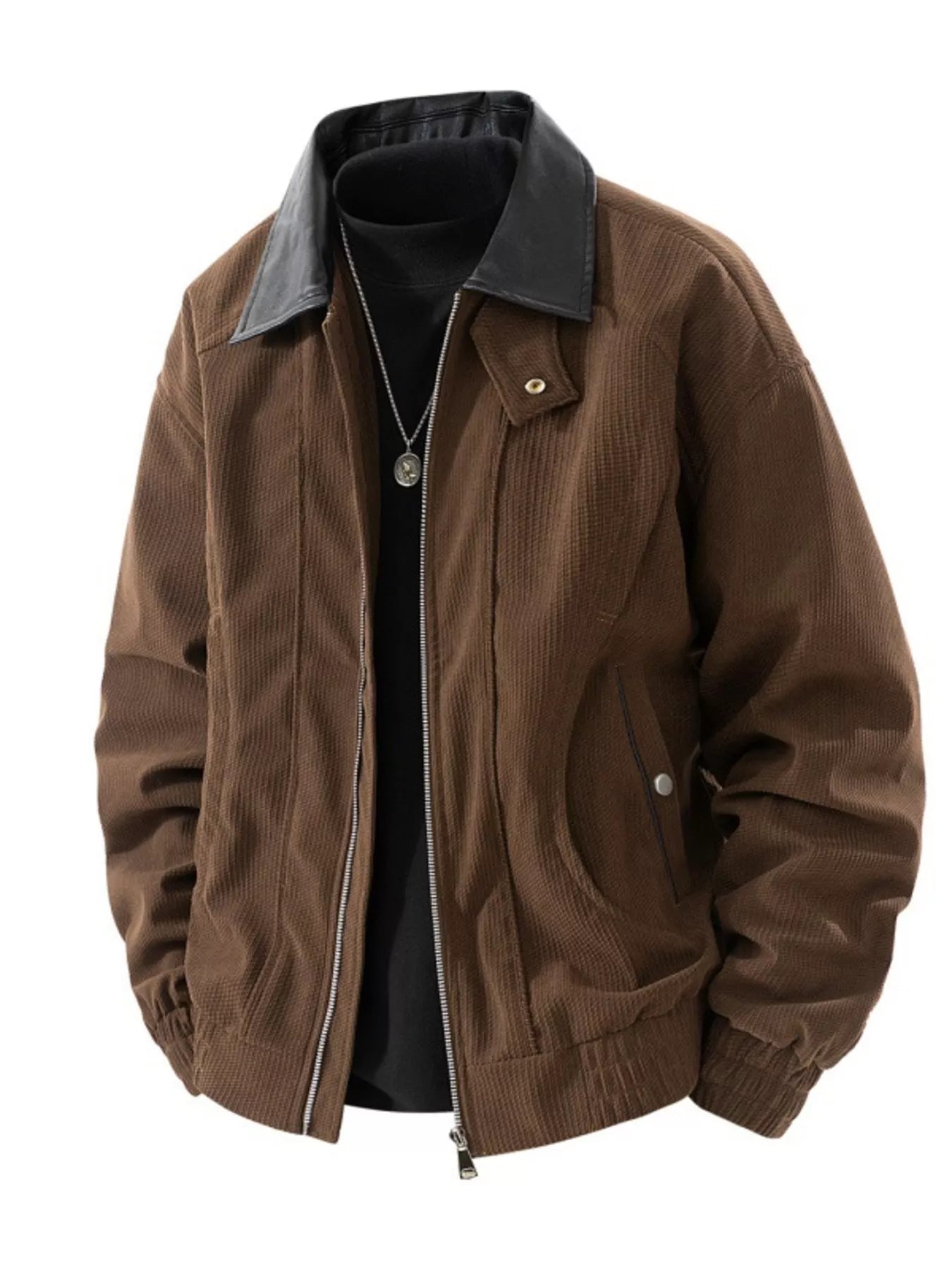 Men's Plus Size Zip Up Corduroy Jacket with Leather Collar - PBNJ FASHIONS