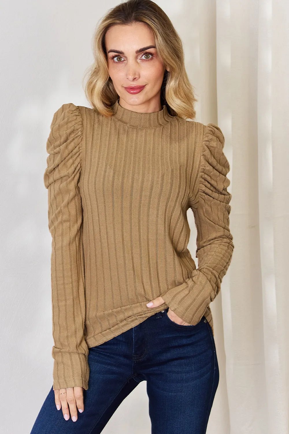 Basic Bae Full Size Ribbed Mock Neck Puff Sleeve T-Shirt - PBNJ FASHIONS