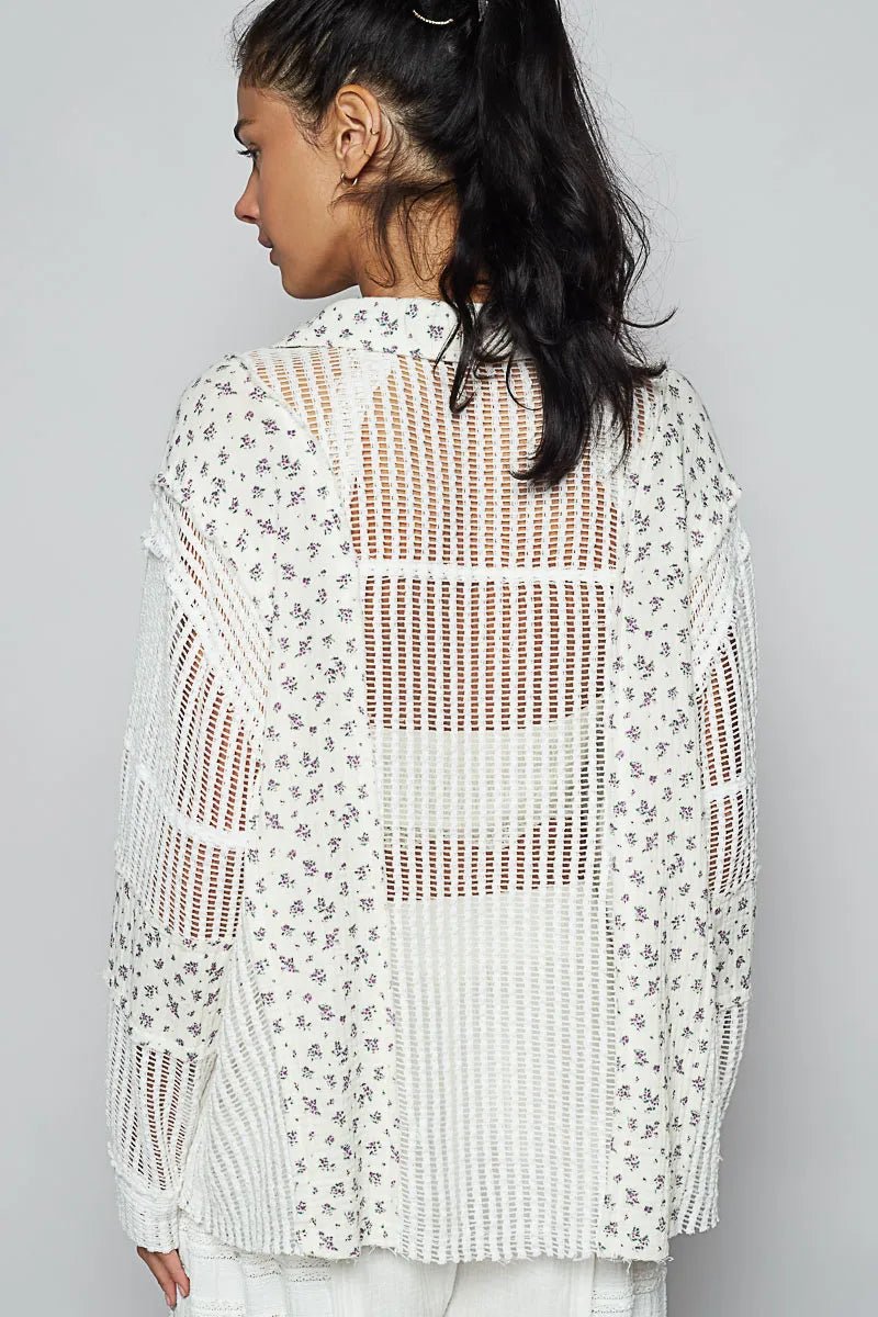 POL Floral Crochet Patchwork Long Sleeve Shirt - PBNJ FASHIONS