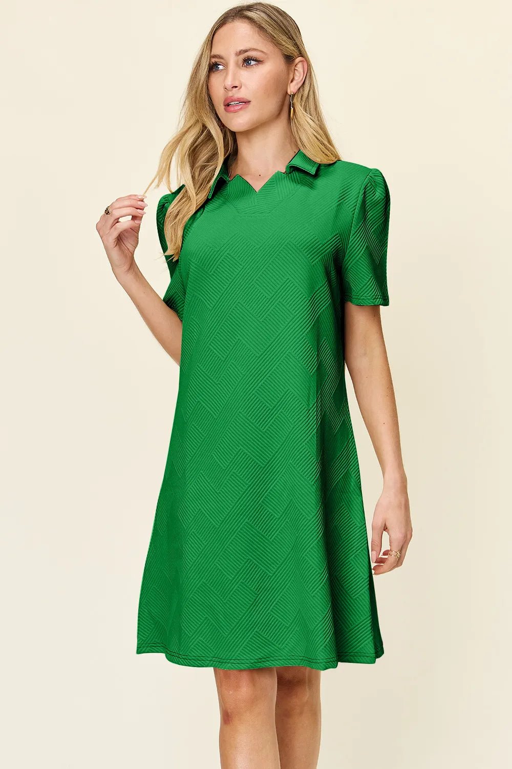 Double Take Full Size Texture Collared Neck Short Sleeve Dress - PBNJ FASHIONS
