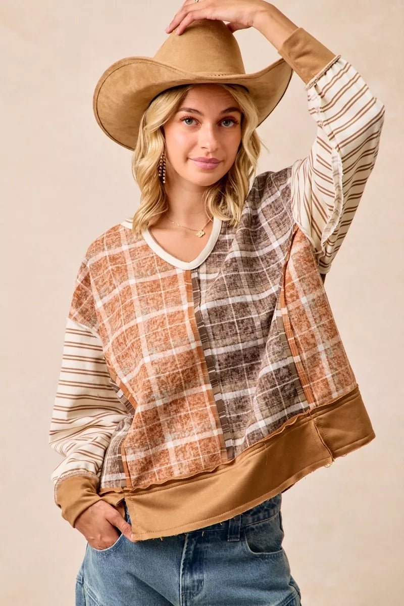 BiBi Plaid And Stripe Mix And Match Top With Open Seam - PBNJ FASHIONS
