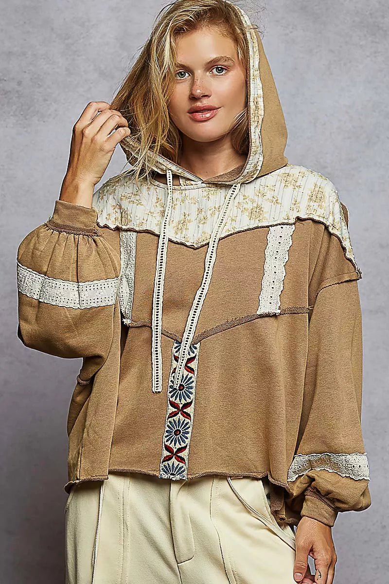 POL Drawstring French Terry Hoodie with Gauze Print Patch - PBNJ FASHIONS