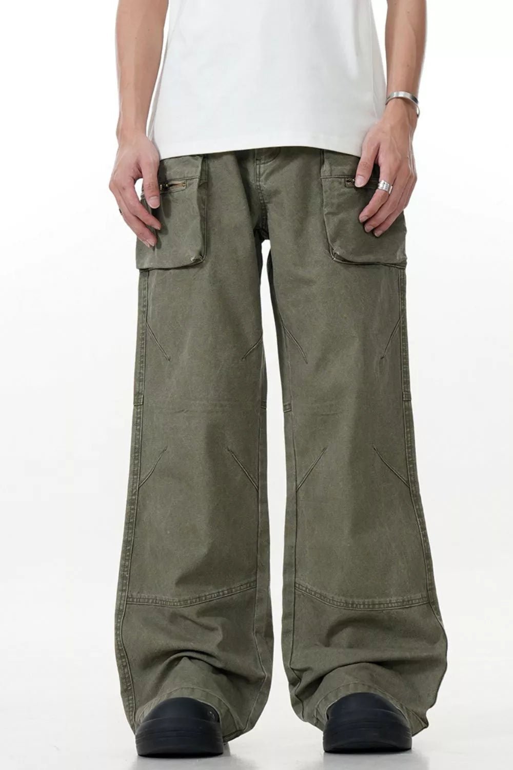 Men's Wide Leg Cargo Pants with Pocketed Style, Polyester-Spandex Blend, Machine Washable - PBNJ FASHIONS