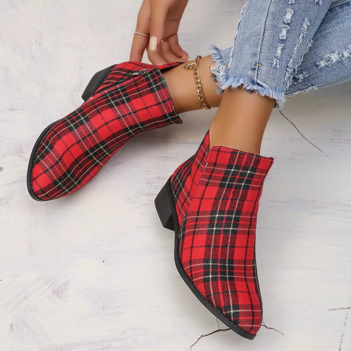 Plaid Point Toe Ankle Boots - PBNJ FASHIONS