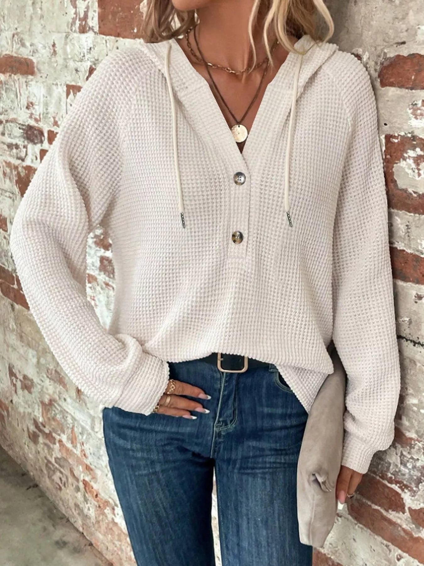Waffle Knit Button Detail Hoodie - PBNJ FASHIONS