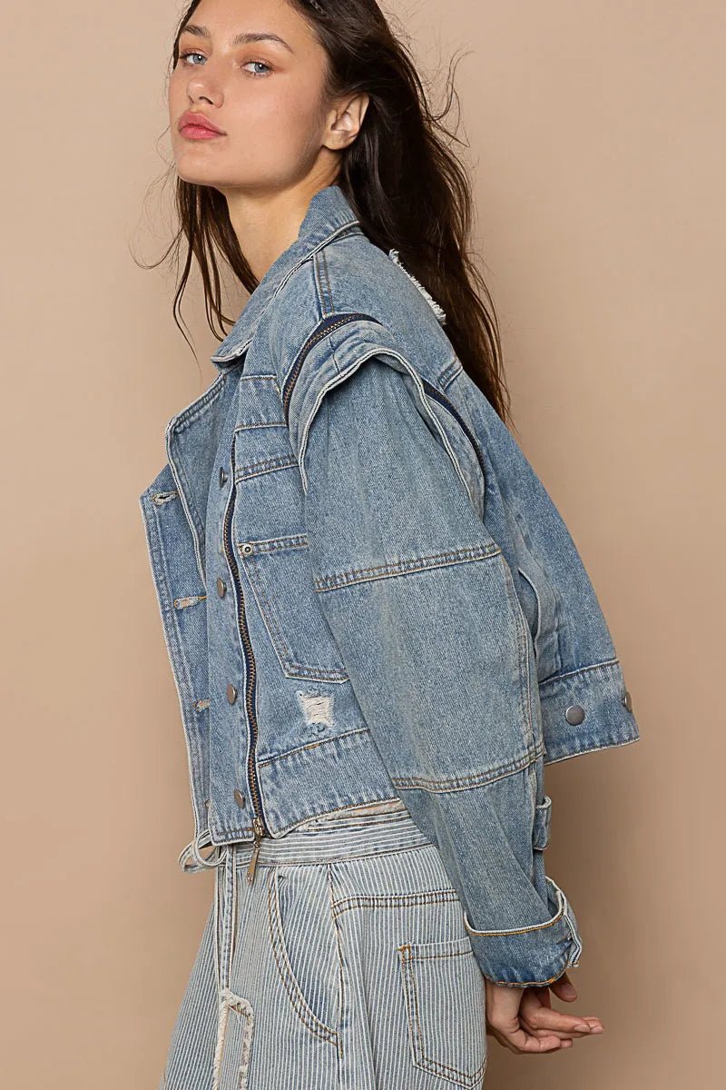 POL Cropped Denim Jacket with Functional Zipper Detail - PBNJ FASHIONS