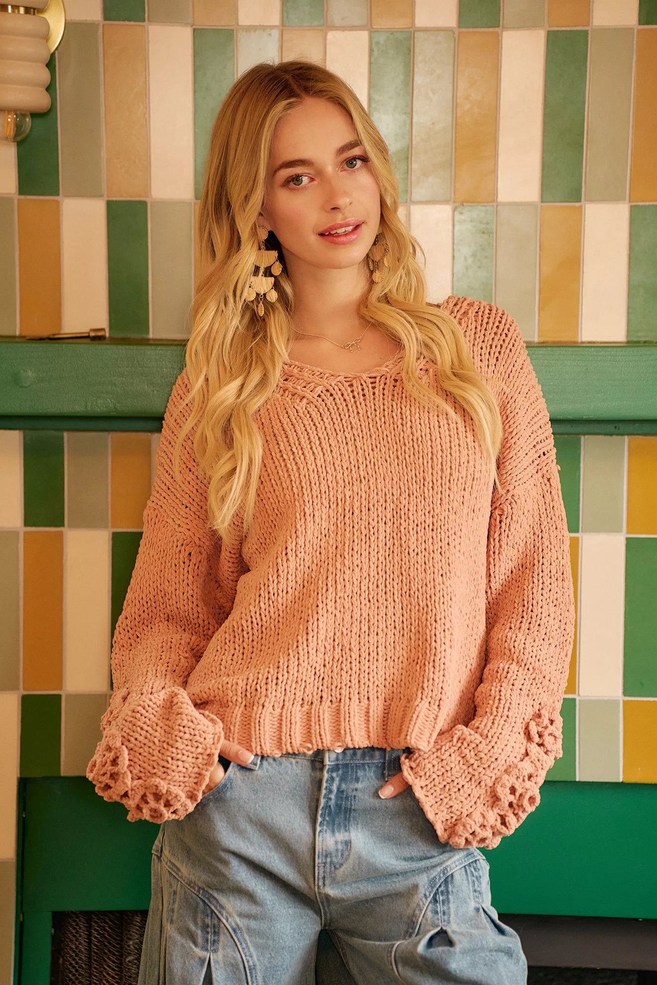 BiBi Chunky Knit Sweater with Flower Detail Sleeves - PBNJ FASHIONS