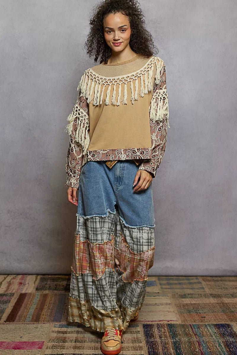 POL Contrast Floral Embroidery Balloon Sleeve Top with Tassel Trim - PBNJ FASHIONS