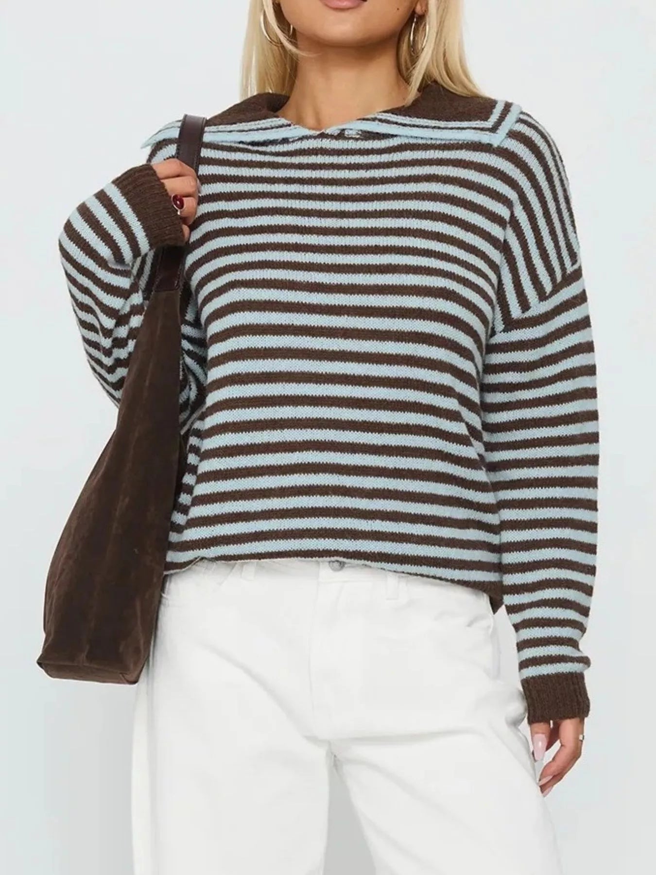 Striped Knit Dropped Shoulder Sweater - PBNJ FASHIONS