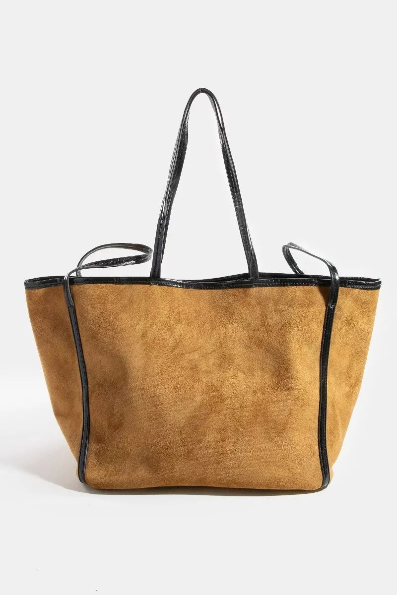 Fame Suede Tote Faux Leather Trim Shoulder Strap - PBNJ FASHIONS
