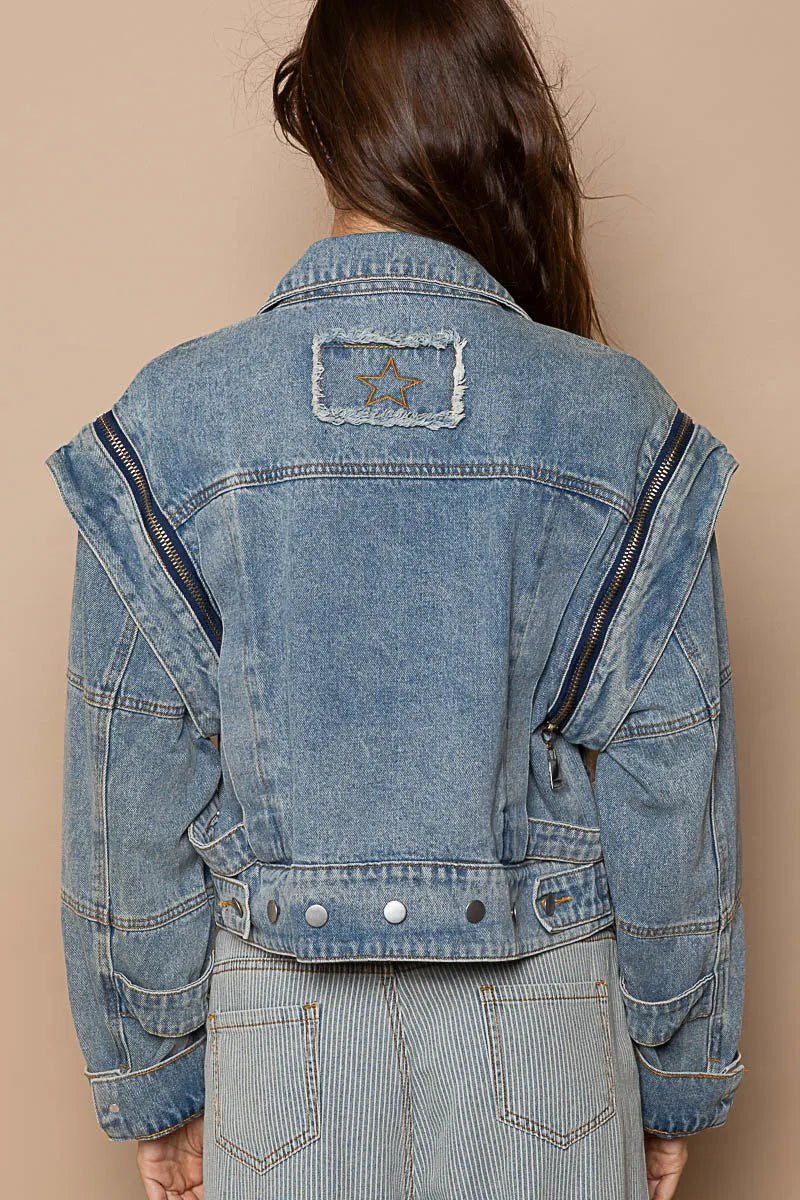 POL Cropped Denim Jacket with Functional Zipper Detail - PBNJ FASHIONS