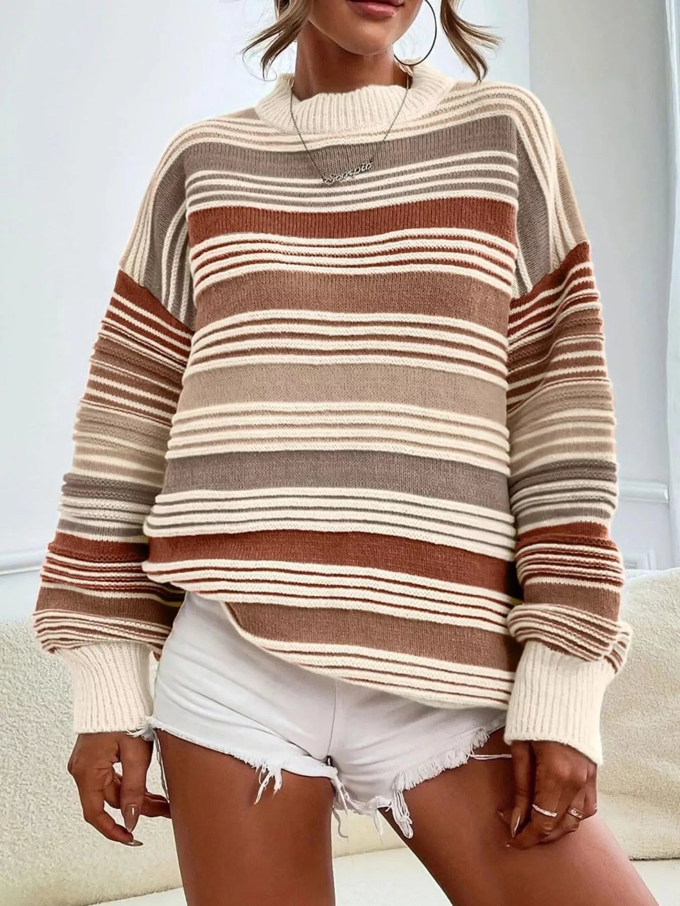 Striped Knit Long Sleeve Sweater - PBNJ FASHIONS