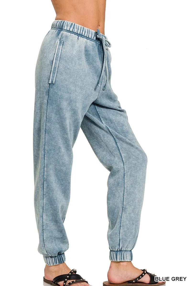 Zenana Acid Wash Fleece Sweatpants with Pockets - PBNJ FASHIONS