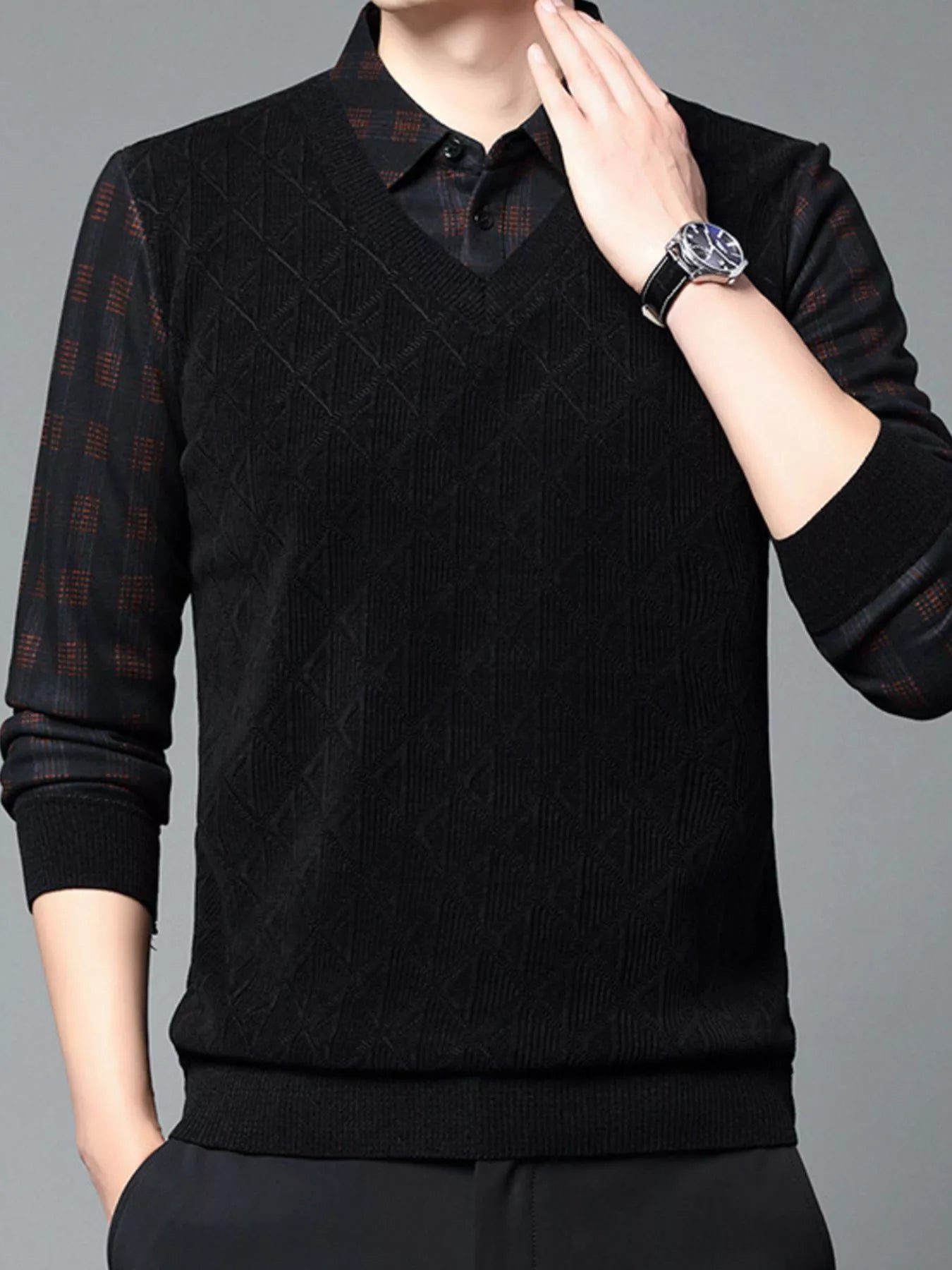 Men's Plus Size Layered - Look Long Sleeve Polo - PBNJ FASHIONS