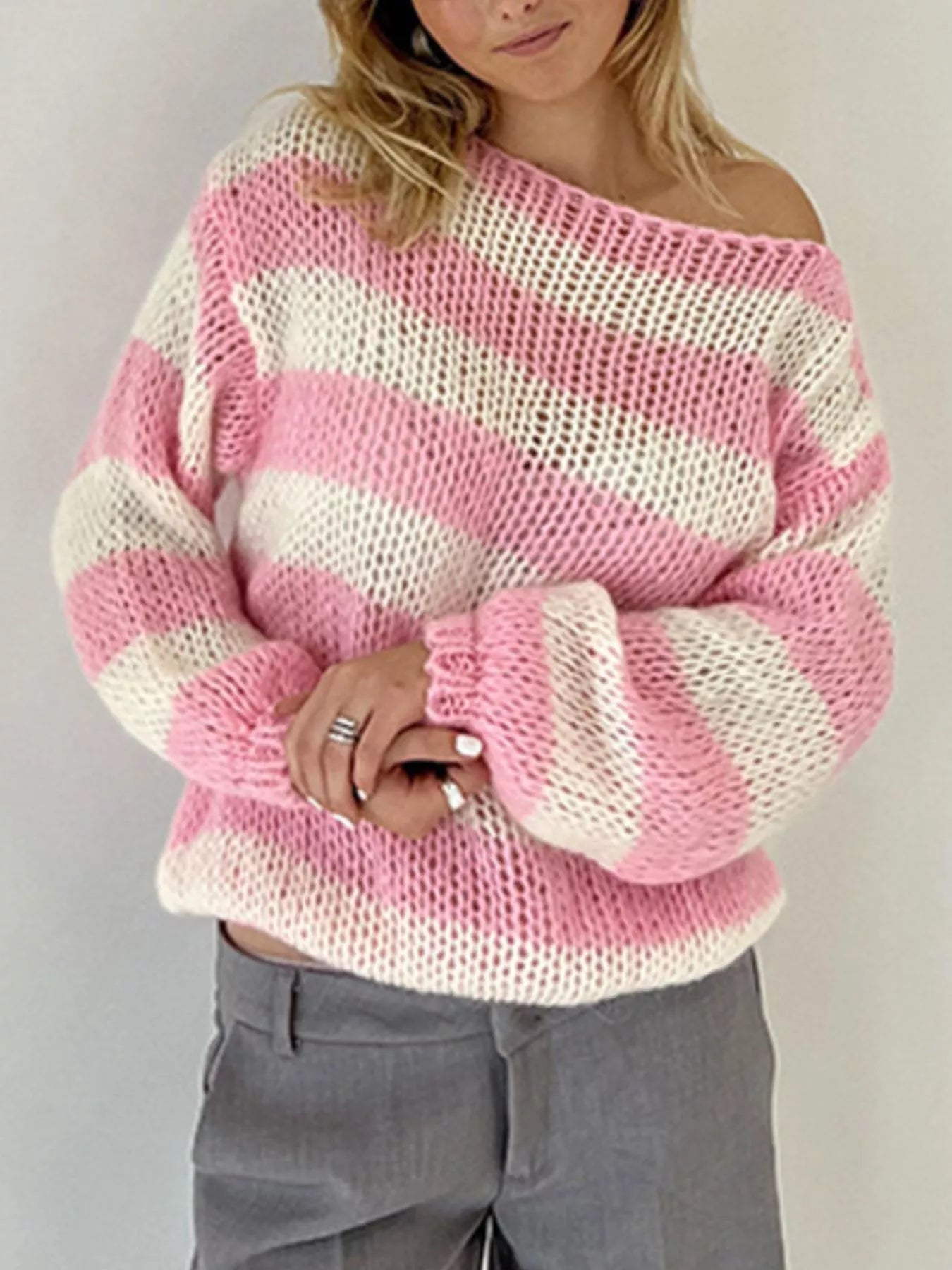 Striped Knit Long Sleeve Sweater - PBNJ FASHIONS