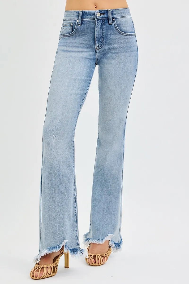 RISEN Full Size Tummy Control Mid Rise Flare Jeans with Fray Hem Detailed Plus Size - PBNJ FASHIONS