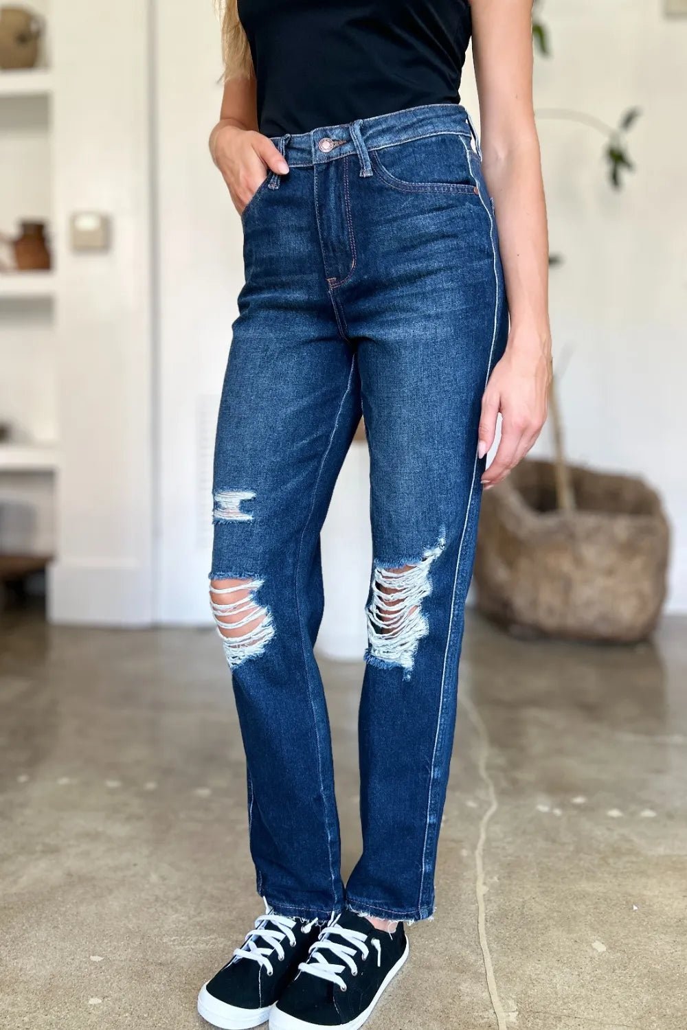 Judy Blue Full Size High Waist Rigid Magic Heavy Destroy Straight Jeans - PBNJ FASHIONS