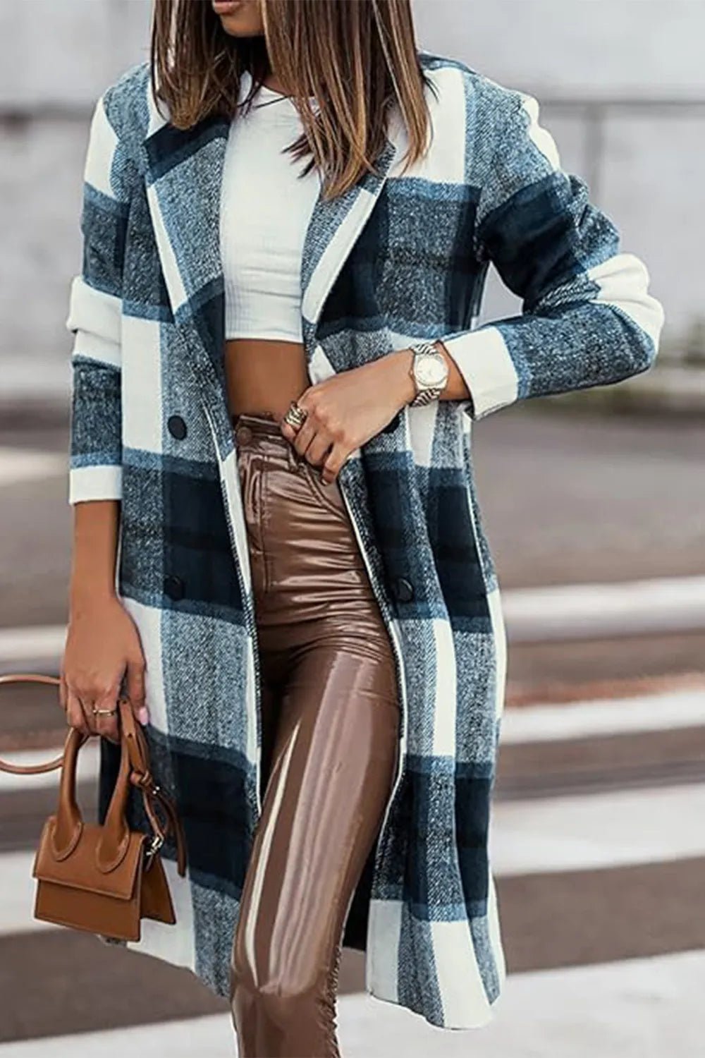 Double Take Full Size Plaid Button Up Lapel Collar Coat - PBNJ FASHIONS
