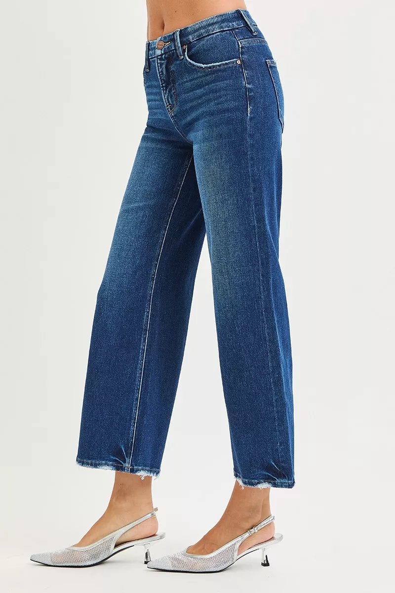 RISEN Tummy Control 4 Way Stretch High Rise Crop Wide Leg Jeans - PBNJ FASHIONS