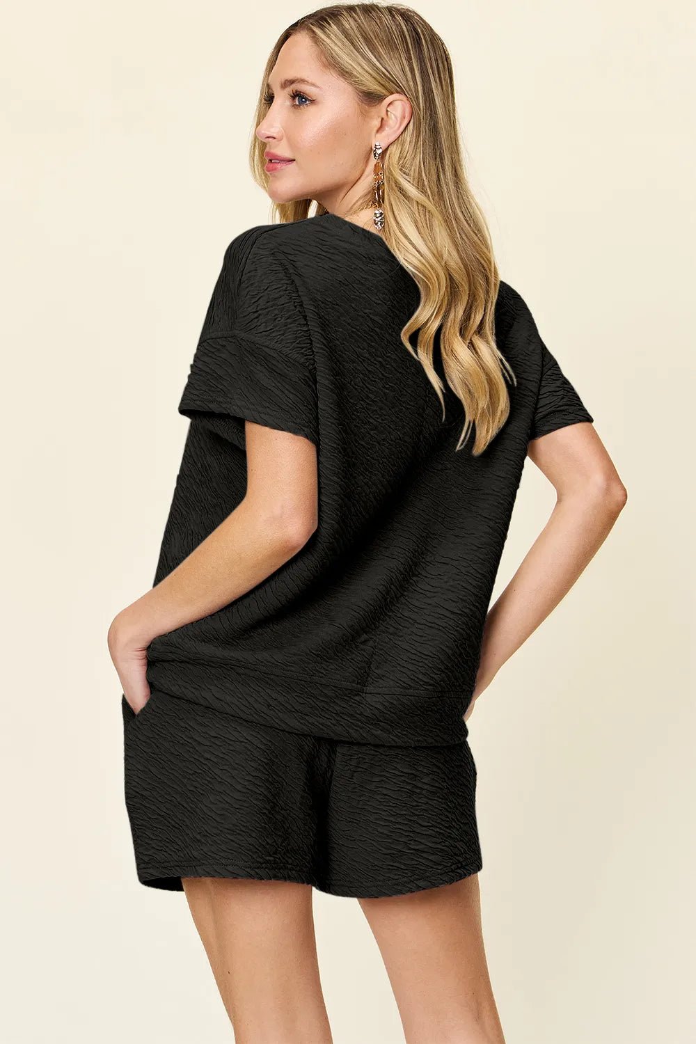 Double Take Full Size Texture Short Sleeve T-Shirt and Drawstring Shorts Set - PBNJ FASHIONS