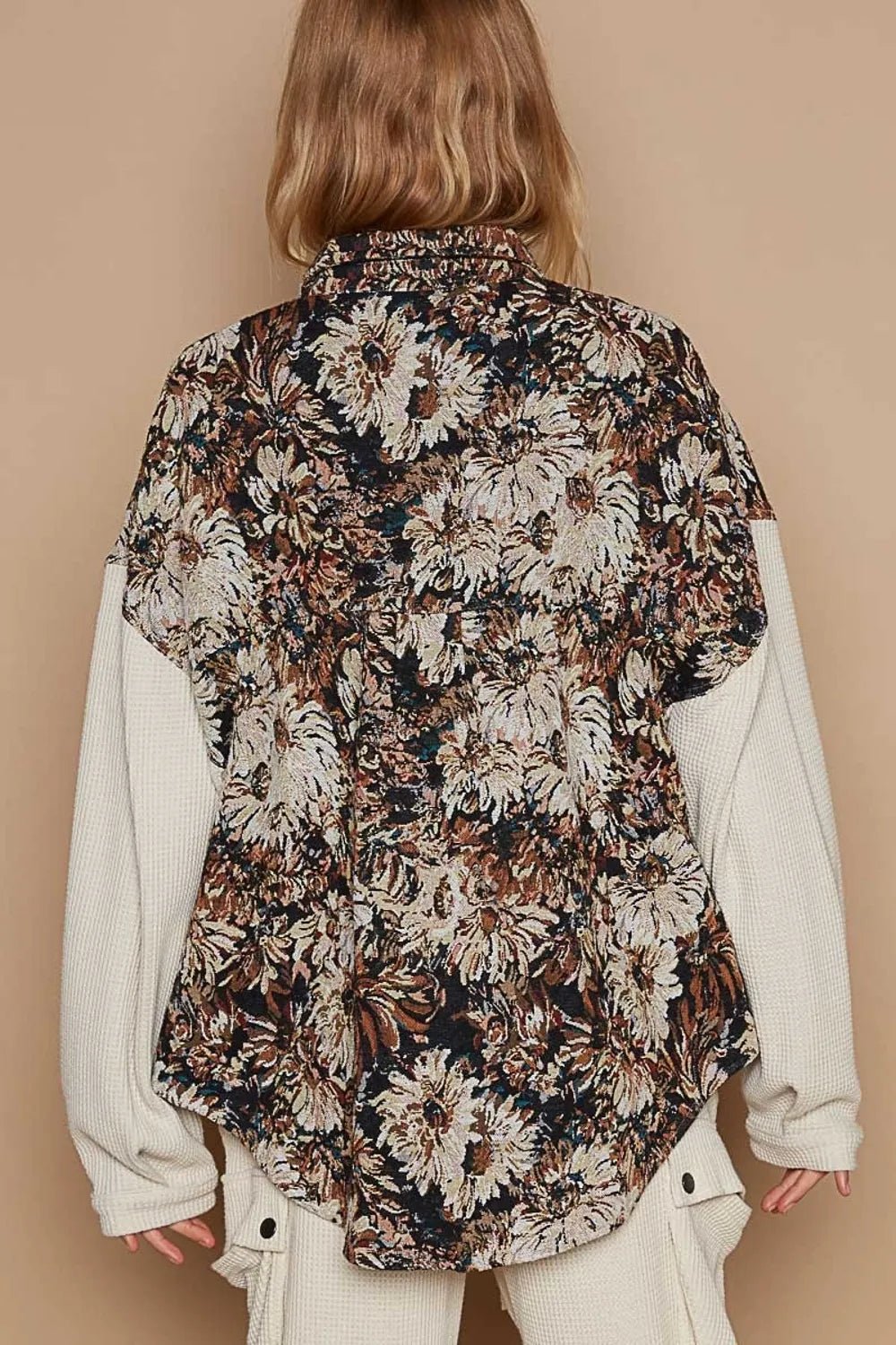 POL Contrast Sleeves Button Down Floral Jacquard Shirt - PBNJ FASHIONS