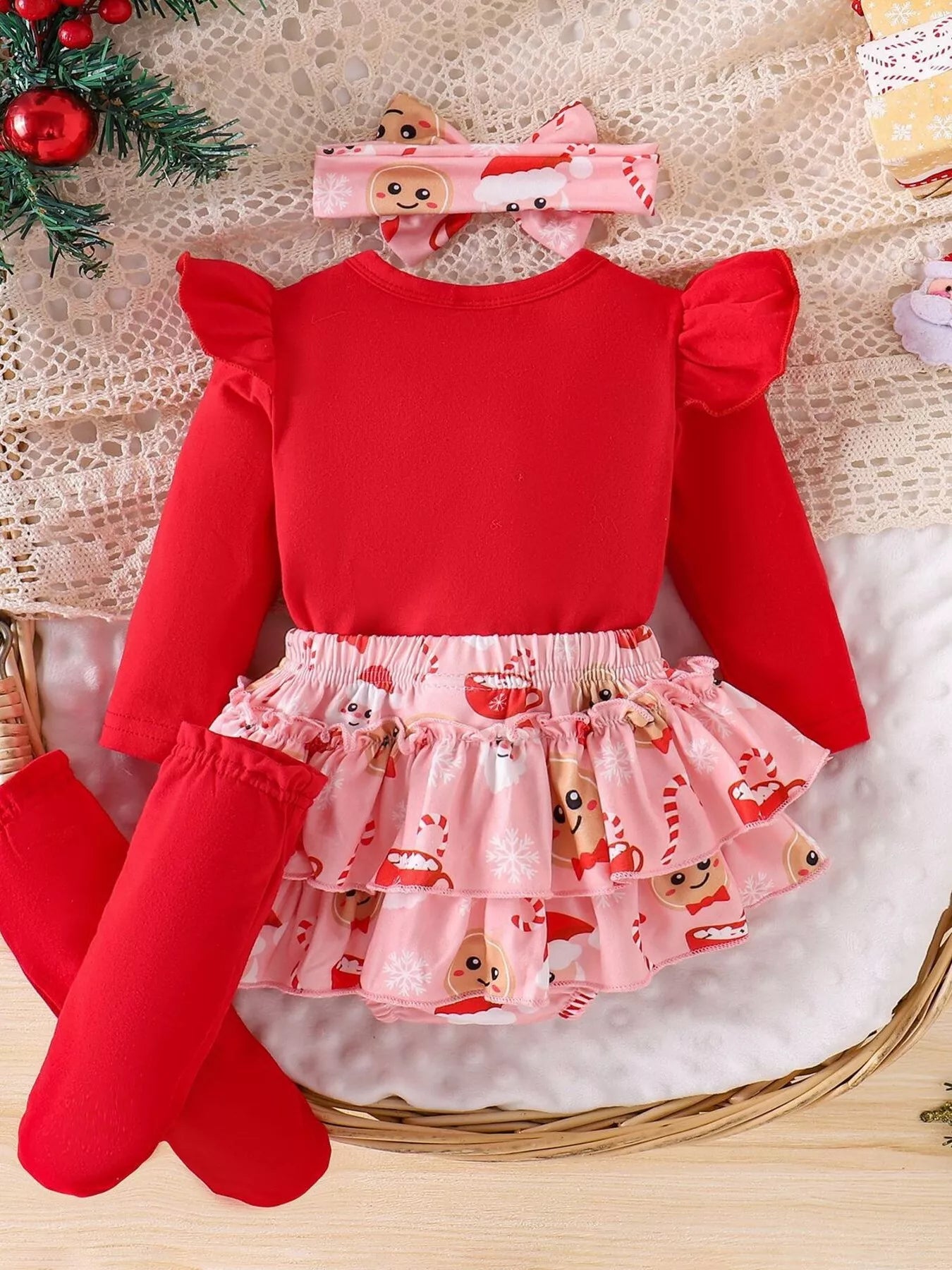 Children's Christmas Ruffled Long Sleeve Top and Skirt Set with Headband - PBNJ FASHIONS